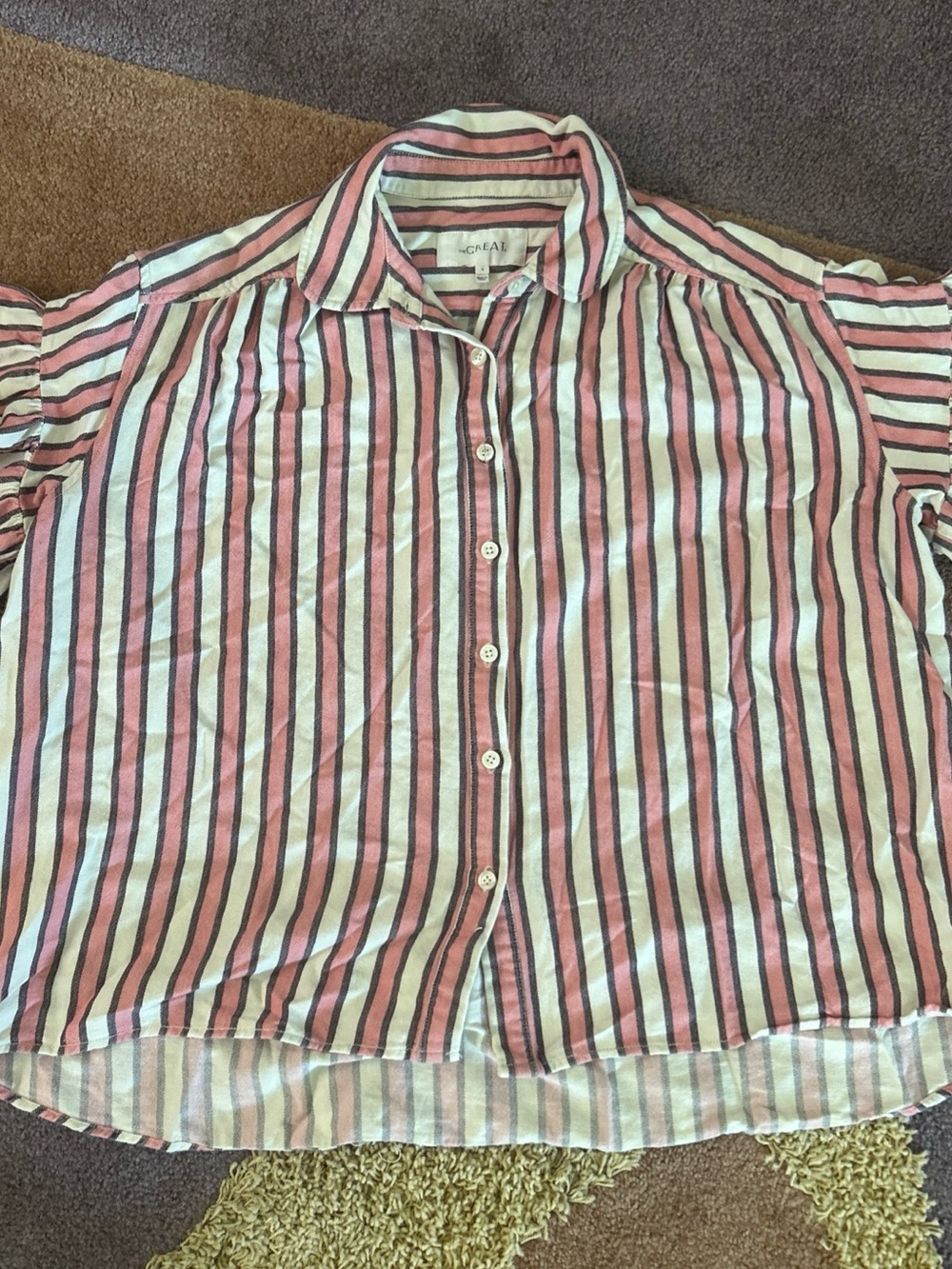 THE GREAT. Pink, White & Black Striped Button-Down Shirt Top size 3
